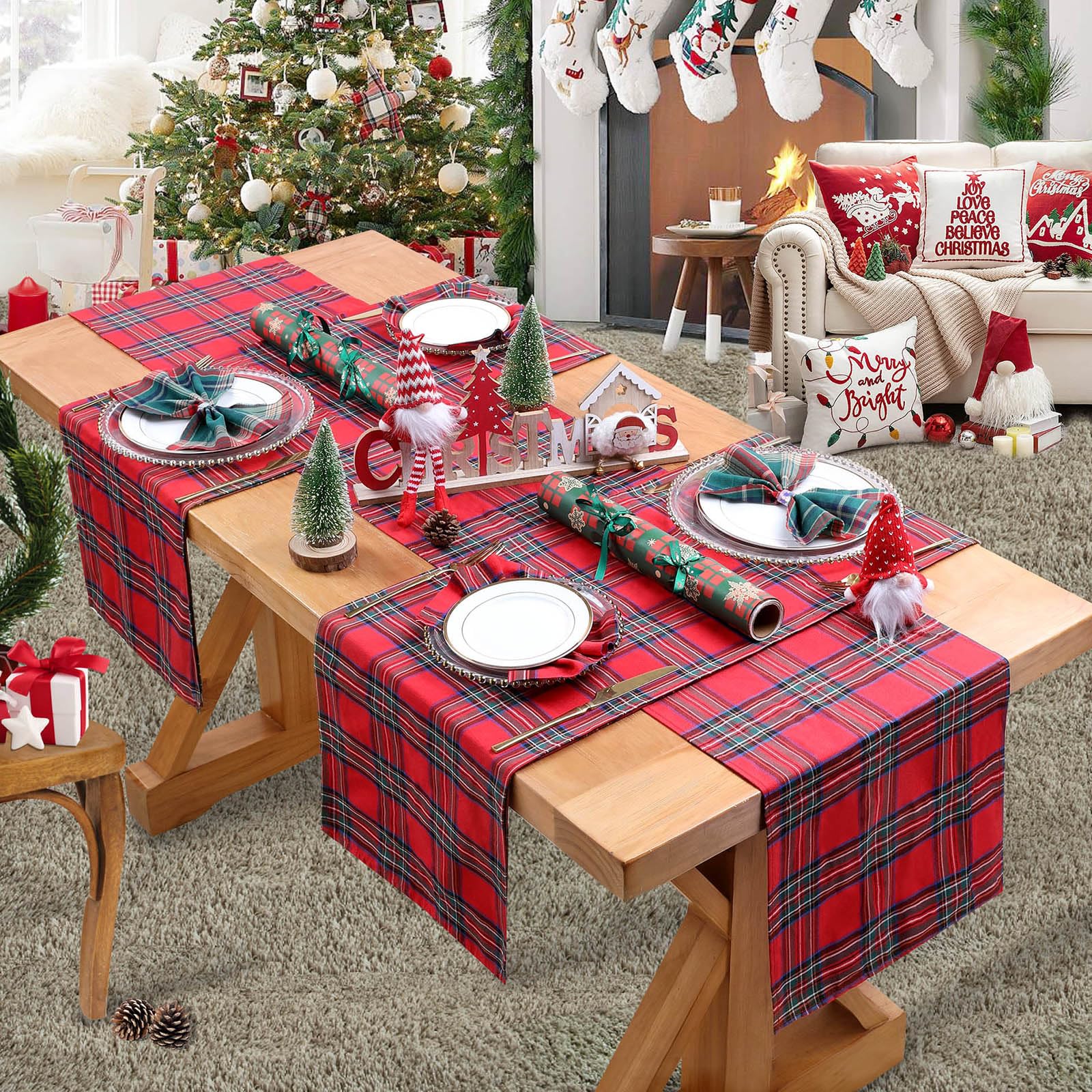 Corredor de mesa DrumaBee, diseño navidad con tartán rojo para ambiente cálido