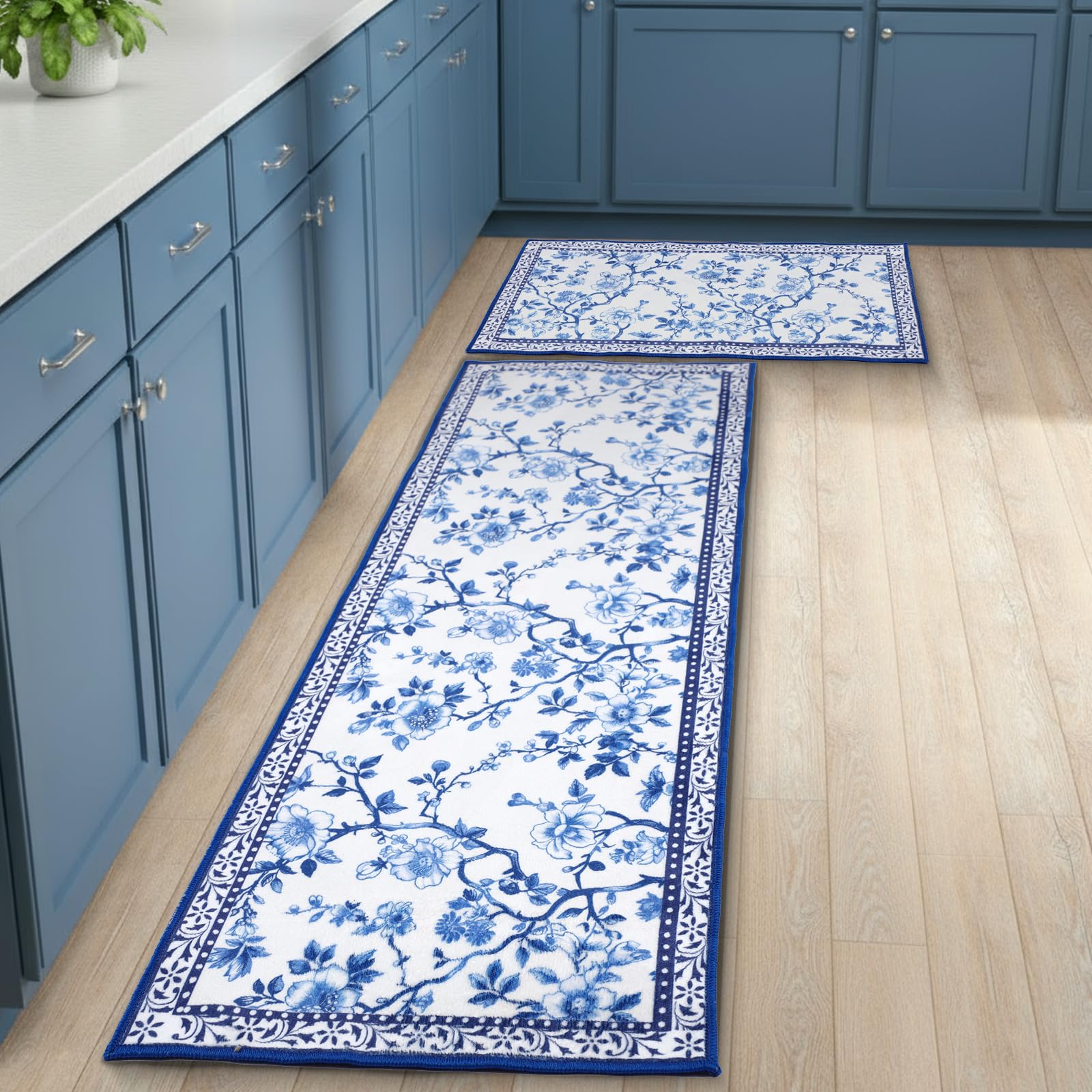 Drydiet alfombra cocina chinoiserie azul blanco floral ideal para uso diario