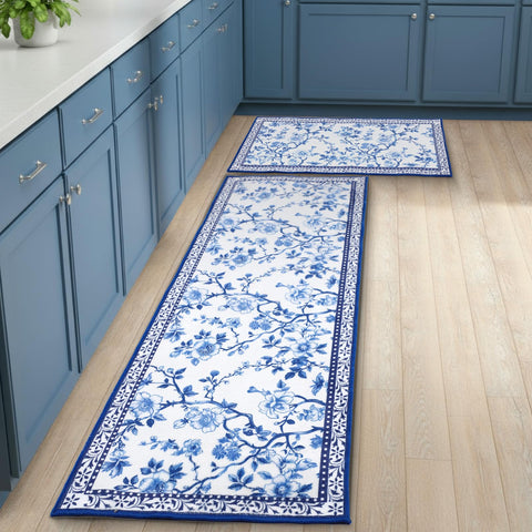 Drydiet alfombra cocina chinoiserie azul blanco floral ideal para uso diario