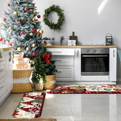 Alfombra Drydiet con bolas navideñas; cálida y resistente para entrada o cocina.