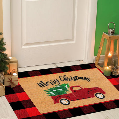 Alfombra Drydiet con diseño de cuadros bufalo rojo-negro para exteriores.