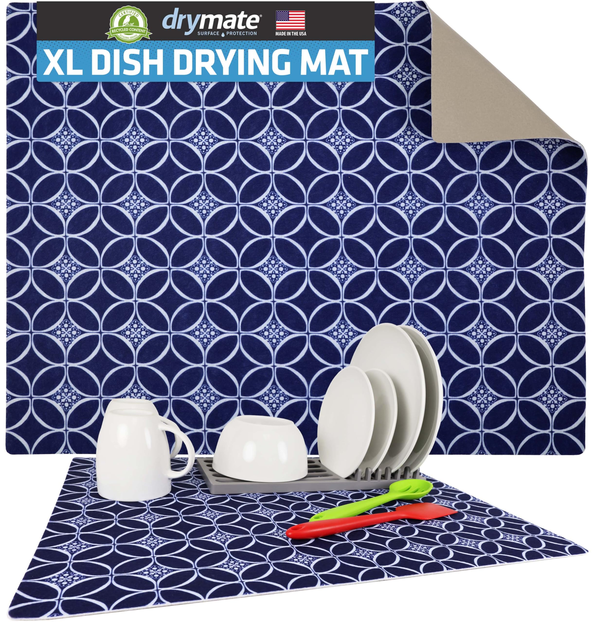 Drymate mat de secado para platos XL en índigo, absorbe agua rápidamente.