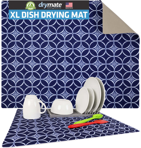 Drymate mat de secado para platos XL en índigo, absorbe agua rápidamente.
