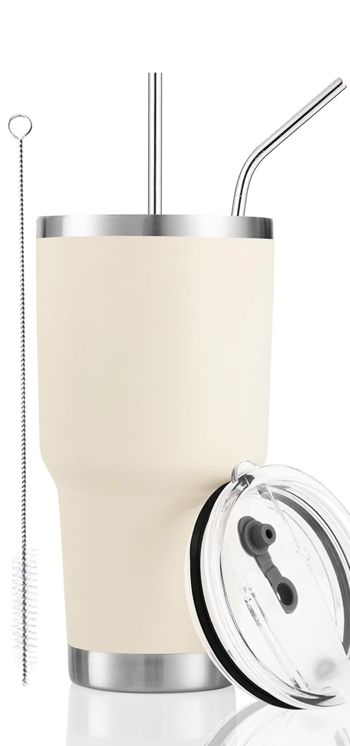 La taza D·S 30oz crema, vista frontal, mantiene bebidas a temperatura ideal por horas.
