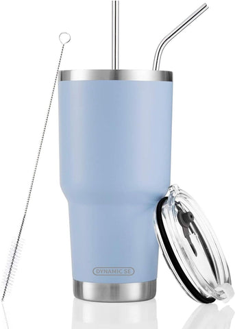 Vaso ds-30oz azul con tapa y doble pared mantiene bebidas frías por más tiempo.