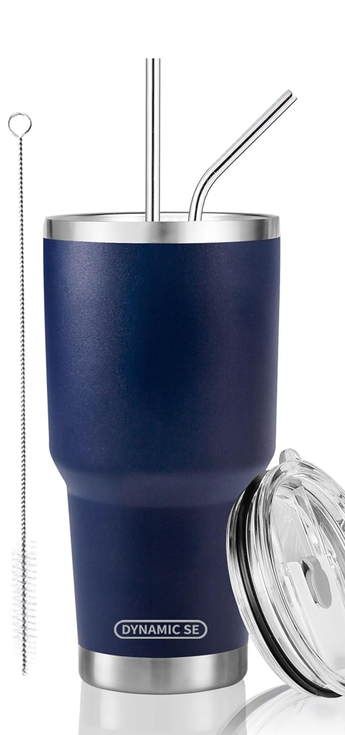 Vaso térmico D·S azul marino con tapa, mantiene bebidas frescas por más tiempo