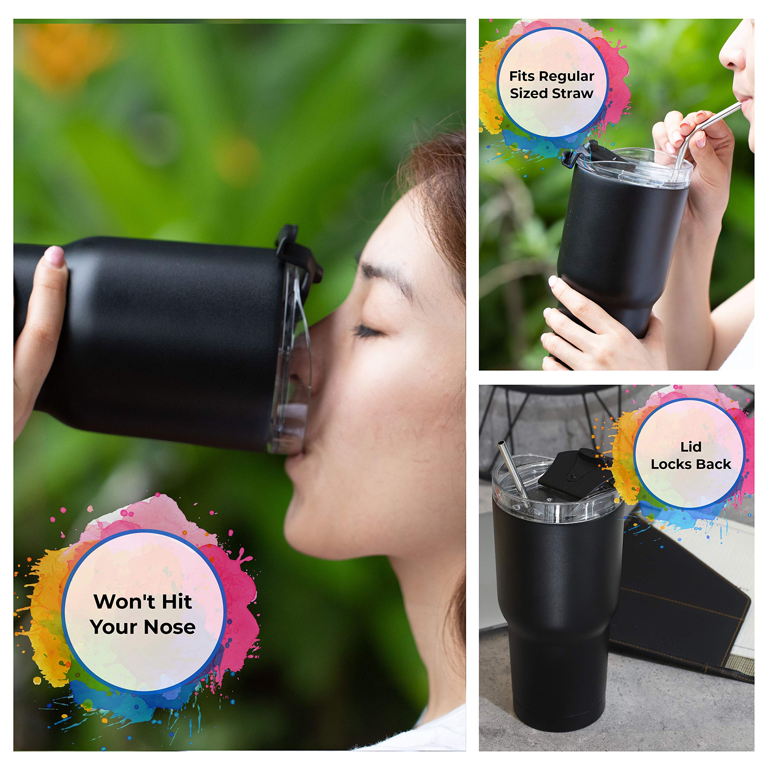 Tapa dscvr negra, diseño compacto que encaja en tumblers 30 oz.