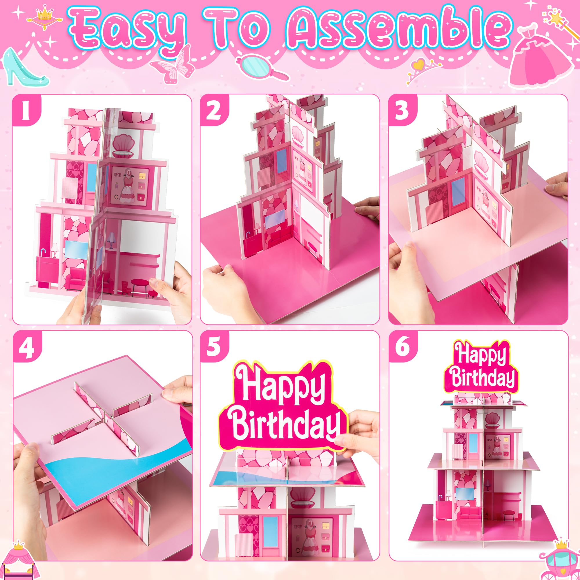 Dulces en torre DSjuedui de 3 pisos con acabado rosa.