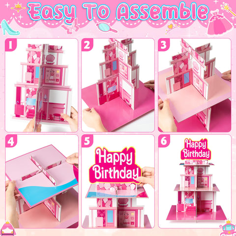 Dulces en torre DSjuedui de 3 pisos con acabado rosa.