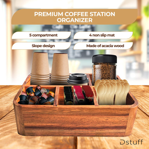 Dstuff con cinco compartimentos para granos y cápsulas, fácil acceso.
