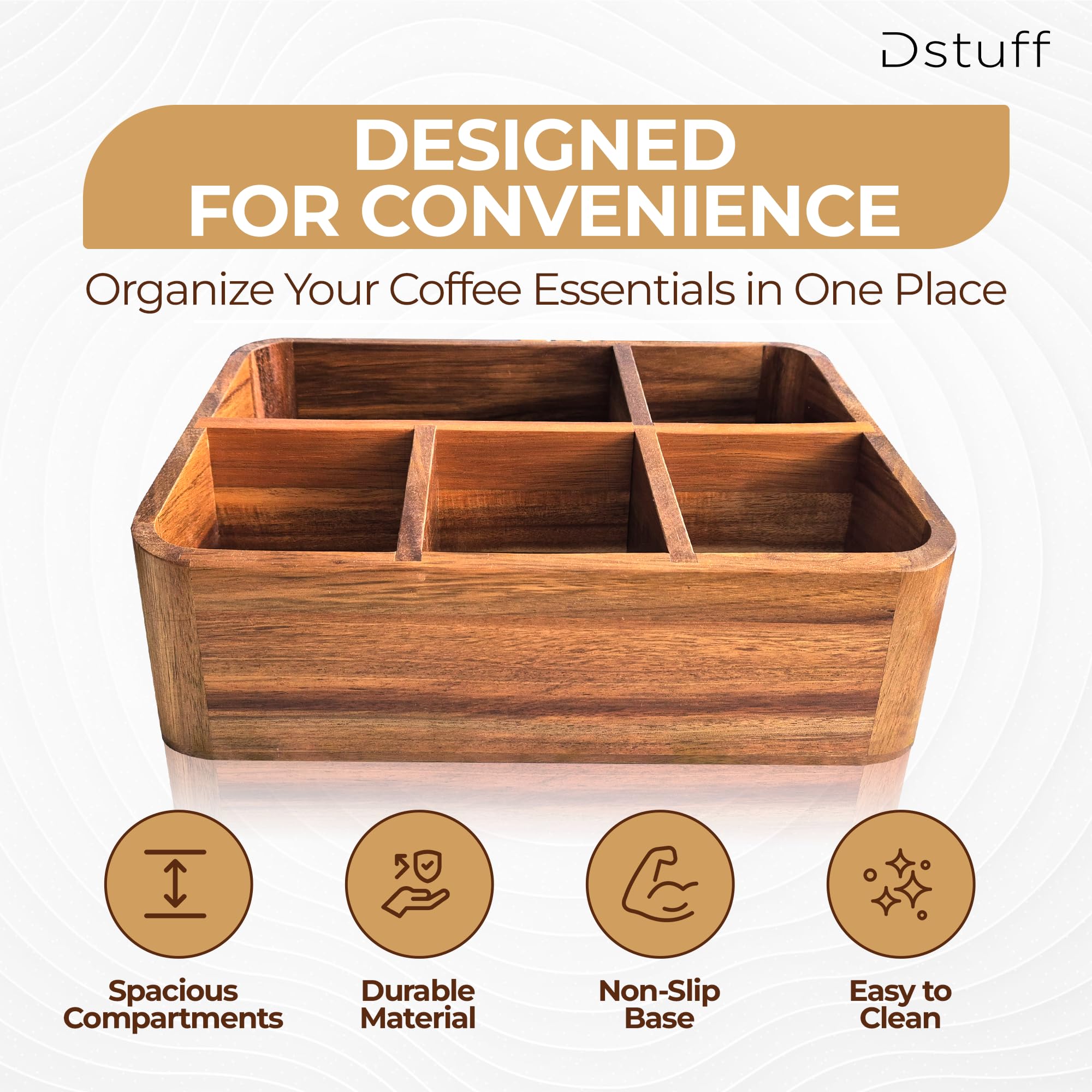 Diseño compacto de Dstuff para encimera, ahorro de espacio.