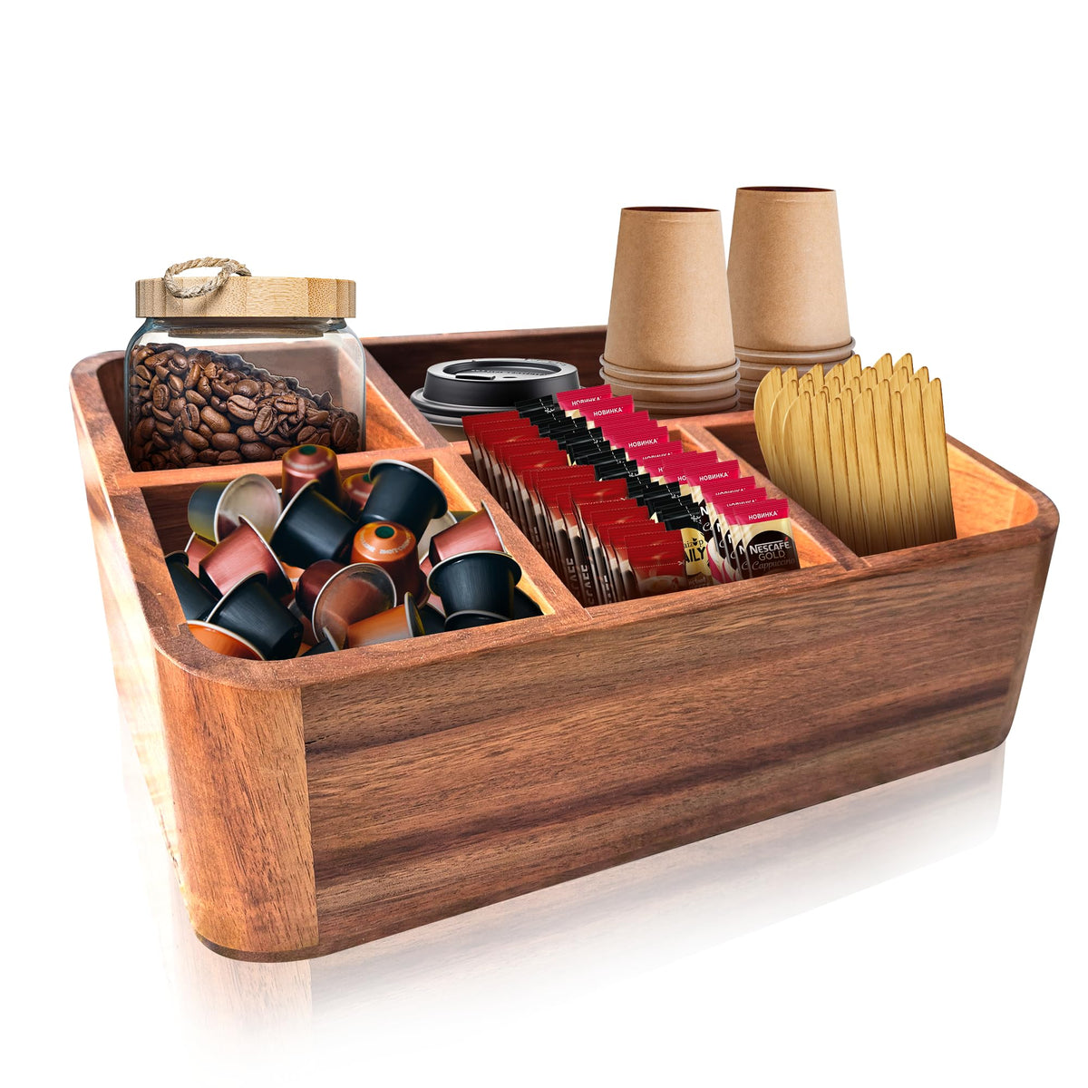 Organizador de café Dstuff en madera de acacia para encimera, orden práctico.