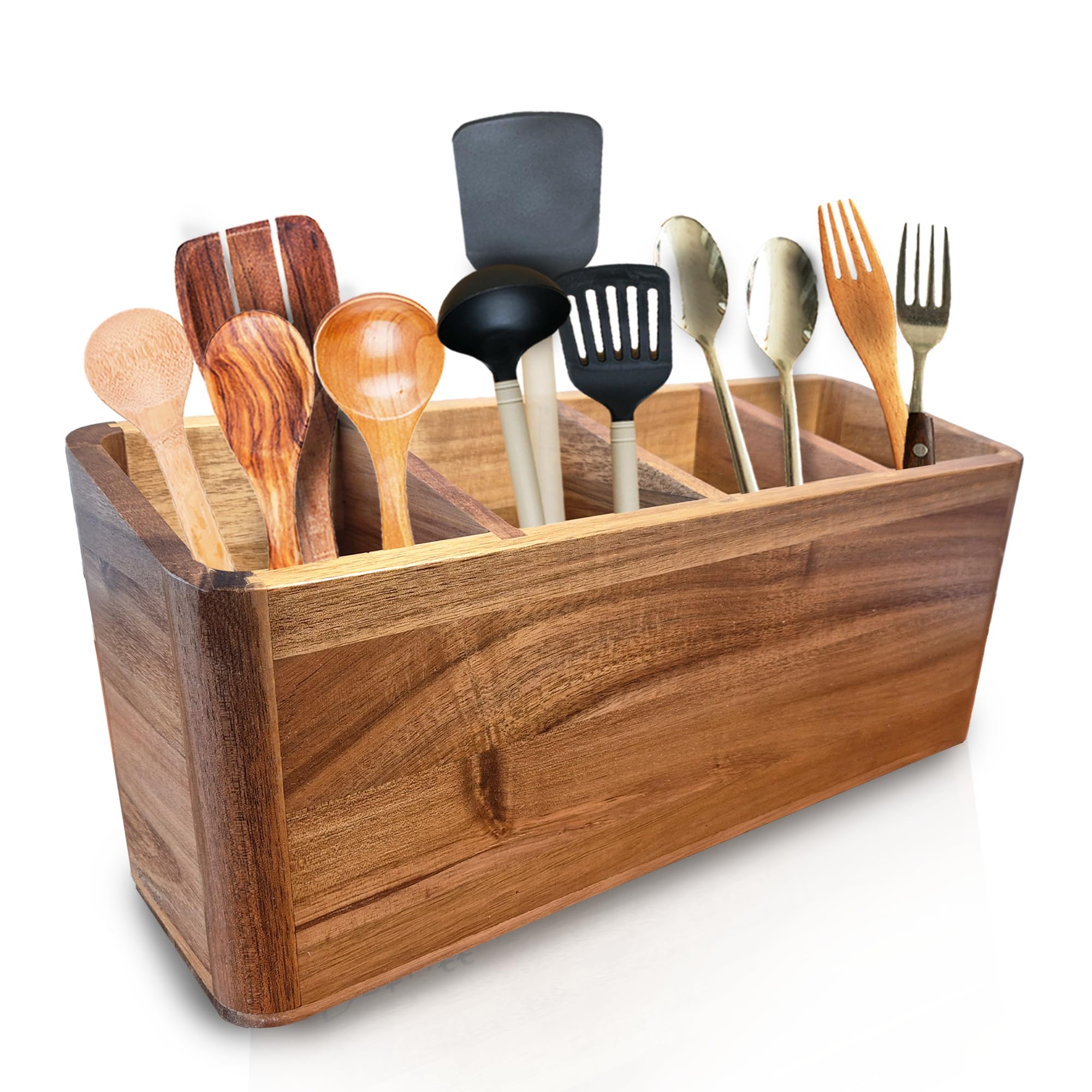 dstuff porta-utensilios grande en acacia con cuatro compartimentos para organización en la cocina