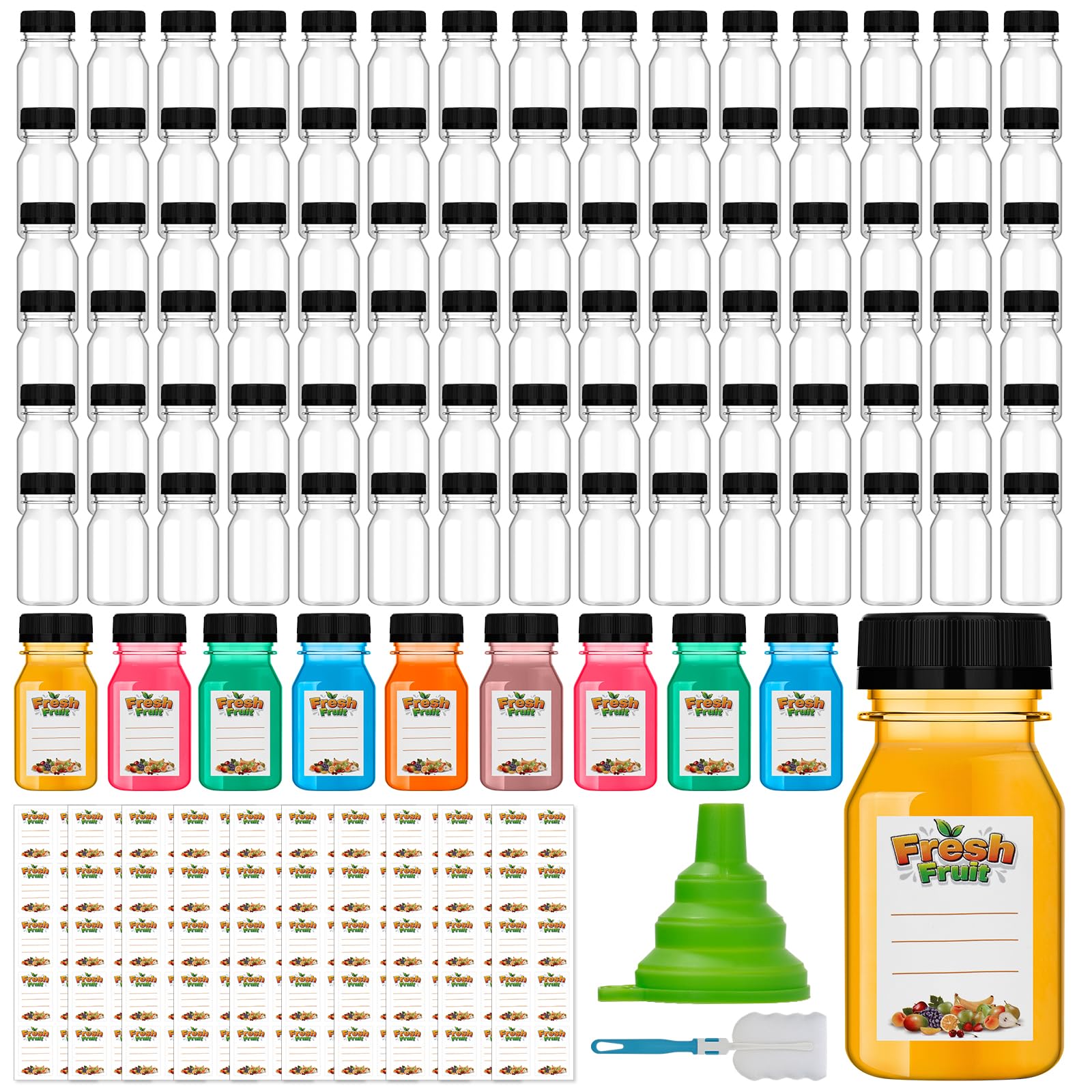 Botellas Dualshine de 4 oz con tapas claras listas para jugos sin derrames.