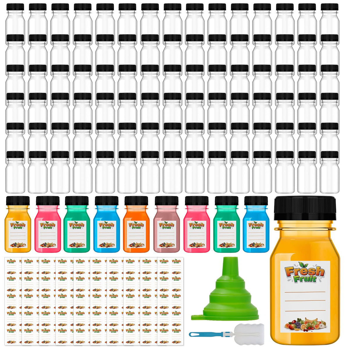 Botellas Dualshine de 4 oz con tapas claras listas para jugos sin derrames.