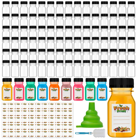 Botellas Dualshine de 4 oz con tapas claras listas para jugos sin derrames.