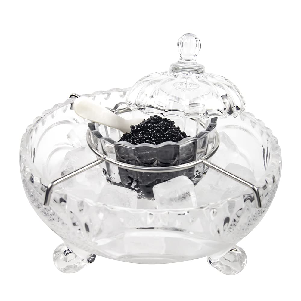 DUEBEL juego servir caviar en cristal dividido para presentaciones elegantes.