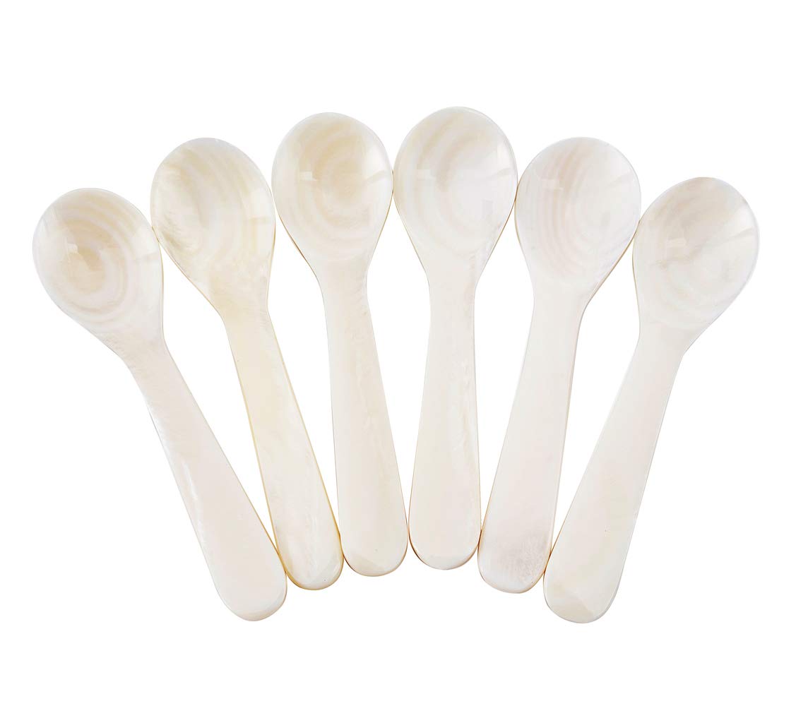 Duebel cucharas madreperla blanca, frontal, ideales para degustar caviar.