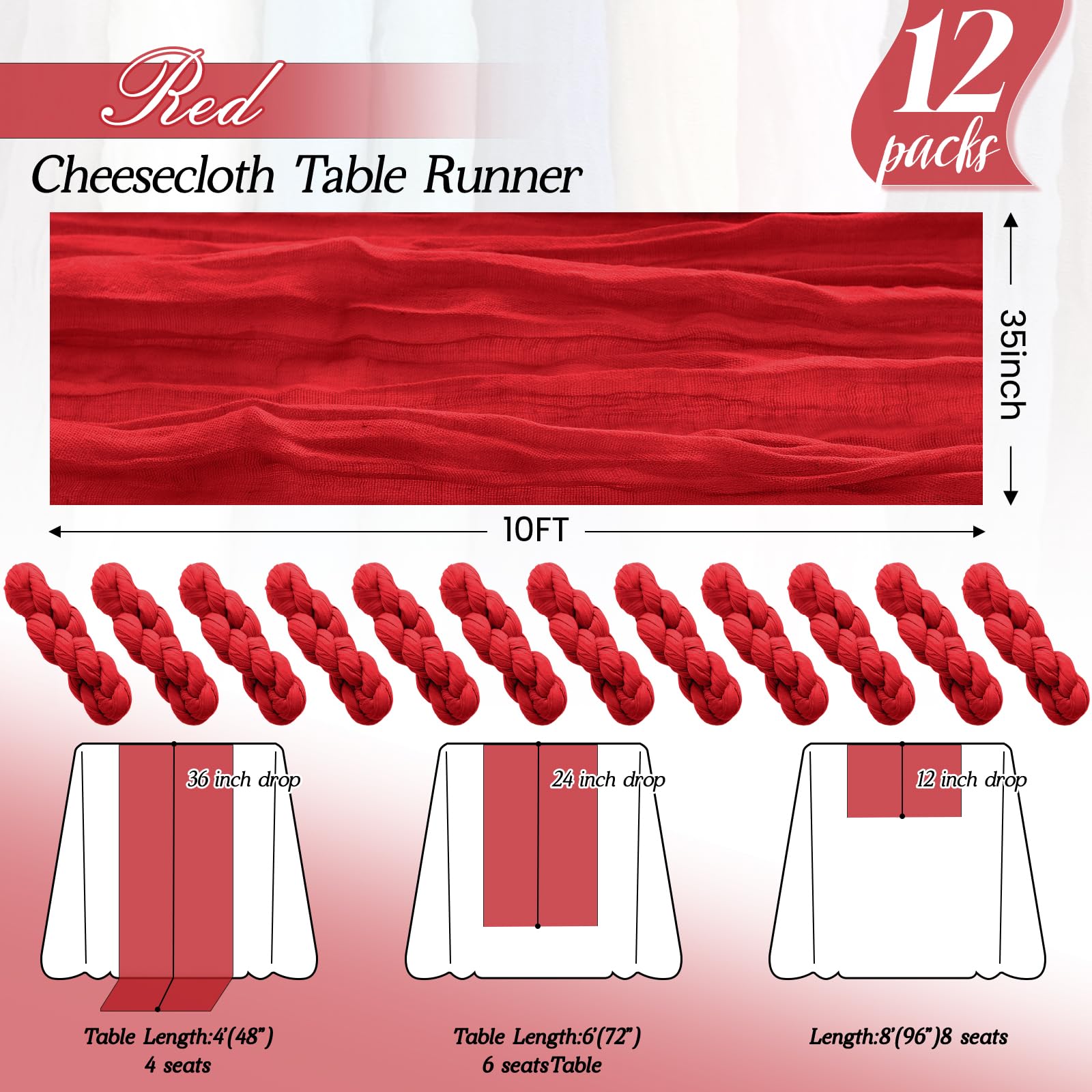 Pack de 12 manteles de gasa rojos Dugpit para fiestas