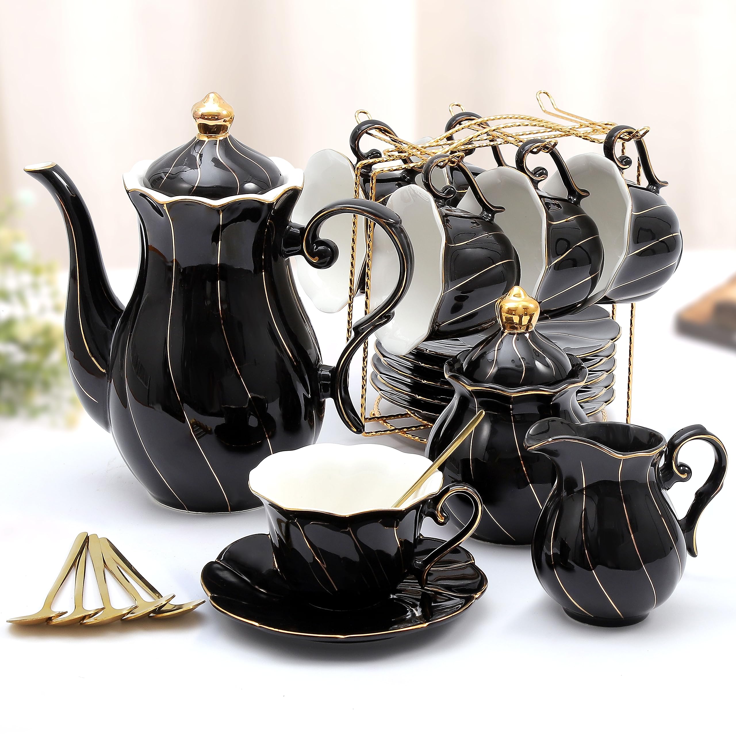 DUJUST juego de té de porcelana para 6 con borde dorado, ideal para recibir invitados