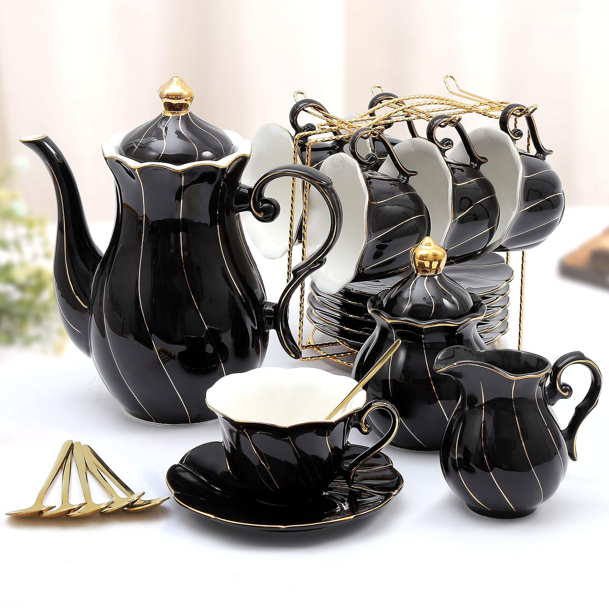 DUJUST juego de té de porcelana para 6 con borde dorado, ideal para recibir invitados