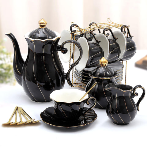 DUJUST juego de té de porcelana para 6 con borde dorado, ideal para recibir invitados
