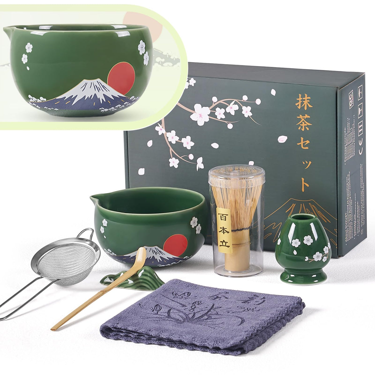 DUJUST tazón cerámico de matcha con diseño Fuji, ideal para ceremonias tranquilas.