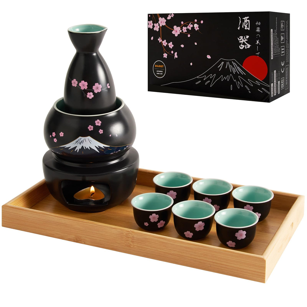 Conjunto DUJUST de sake Sakura-Fuji en cerámica negra para presentación elegante