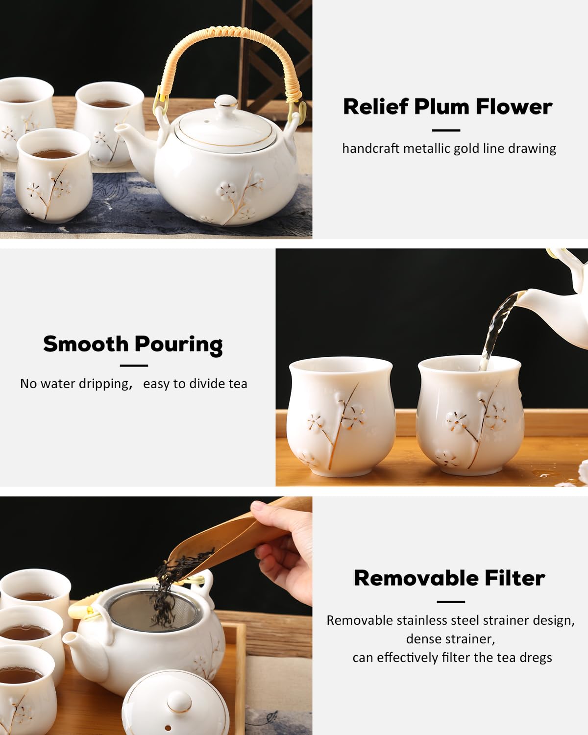 Dujust bandeja de té con diseño de ciruela dorada para presentar la ceremonia del té