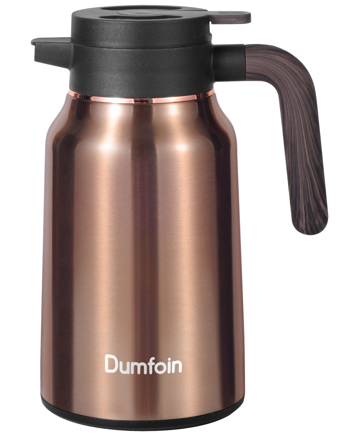 Dumfoin jarra térmica dorada, vista frontal, mantiene bebidas a la temperatura deseada.