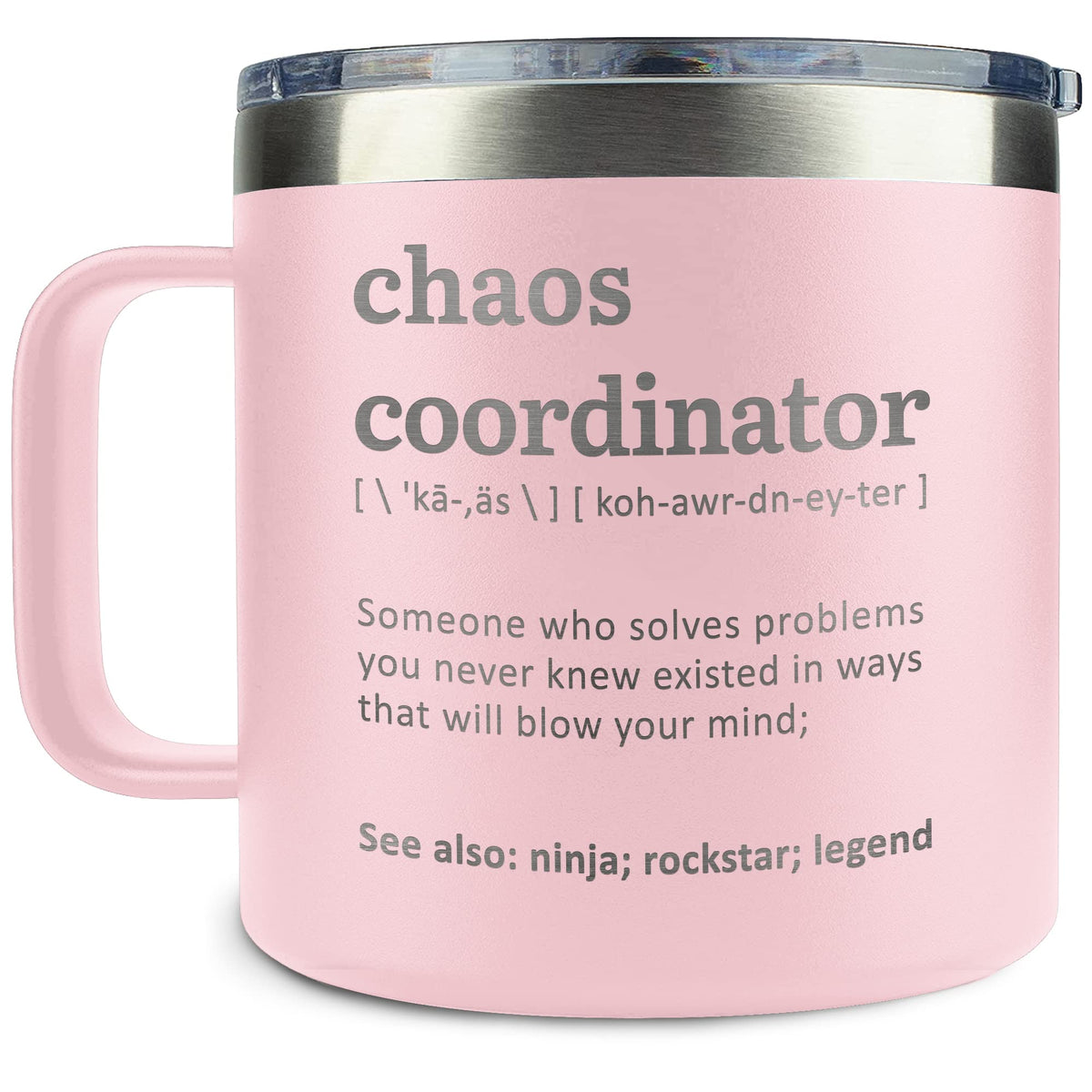 Taza DUNKMATE coordinador del caos, vista frontal, ideal para la oficina.