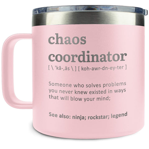 Taza DUNKMATE coordinador del caos, vista frontal, ideal para la oficina.