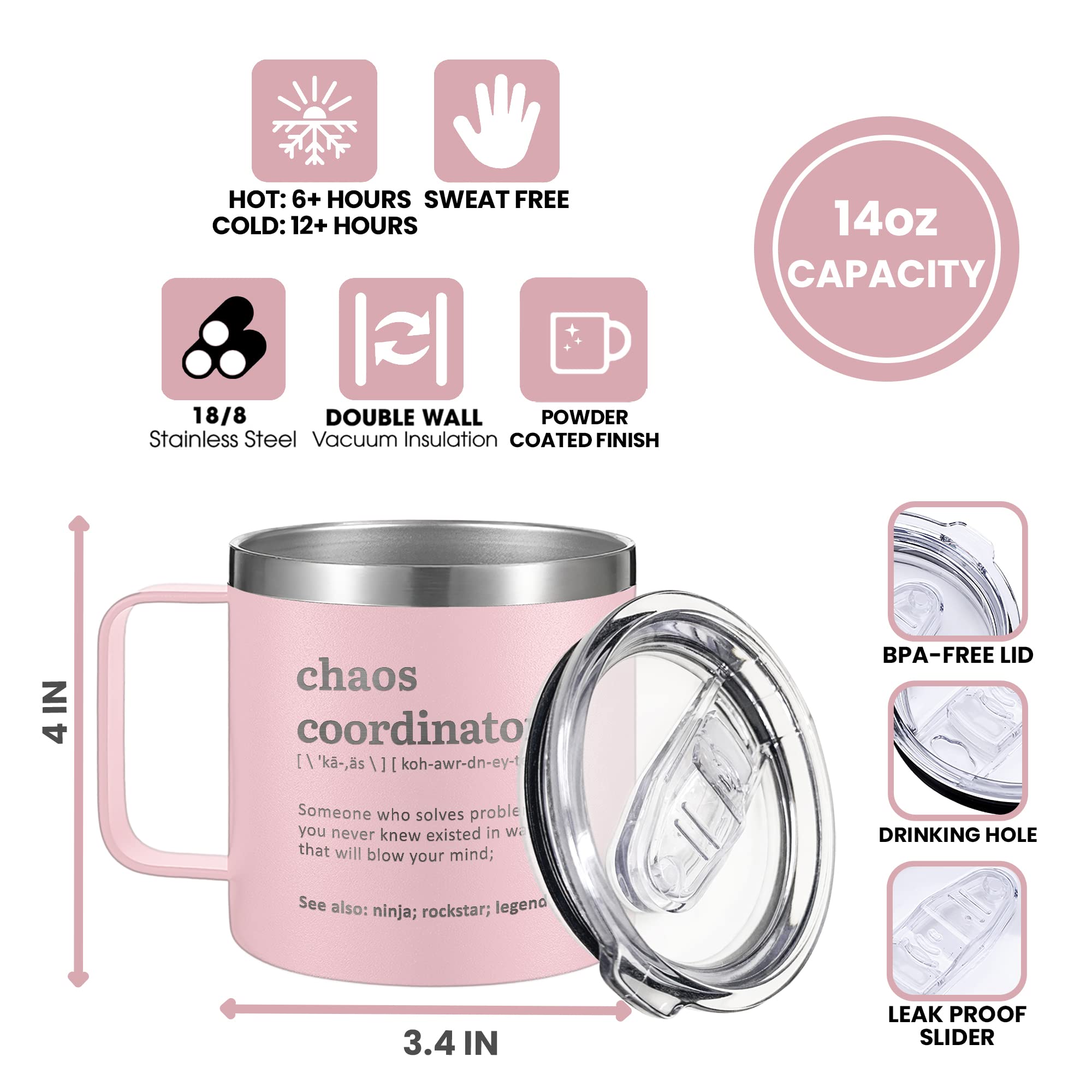 Taza DUNKMATE coordinador del caos con tapa deslizante segura para evitar derrames.