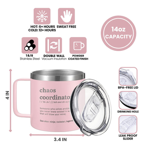 Taza DUNKMATE coordinador del caos con tapa deslizante segura para evitar derrames.