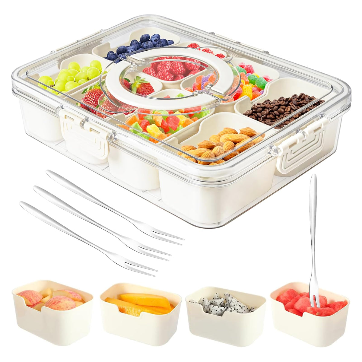 Dunruz Snackle Box con ocho compartimentos para ordenar snacks durante viajes.