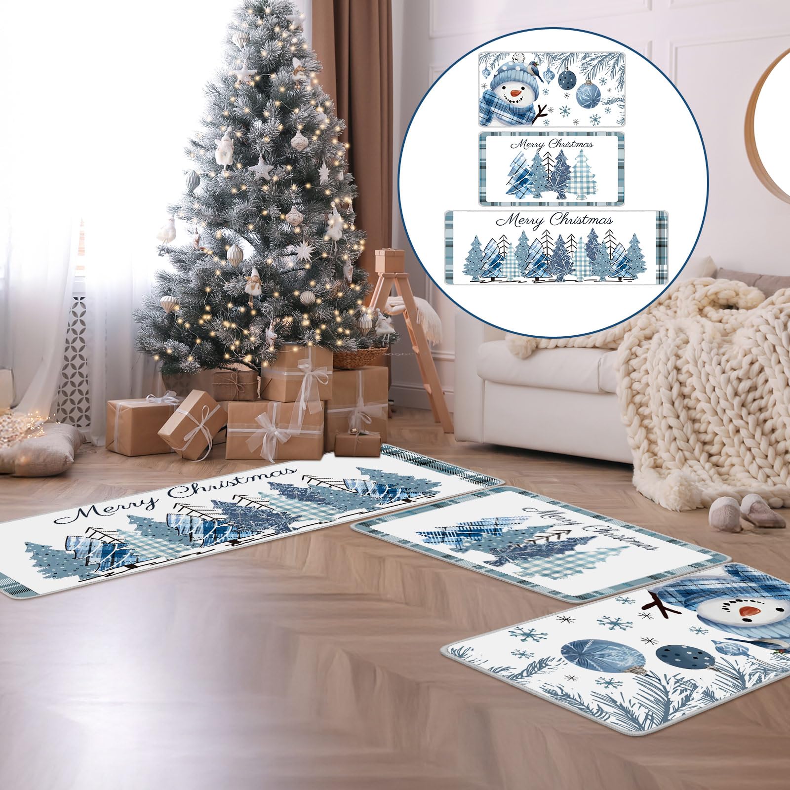 Juego Dunzy alfombras-navidenas, conjunto decorativo y fácil de mantener durante fiestas.