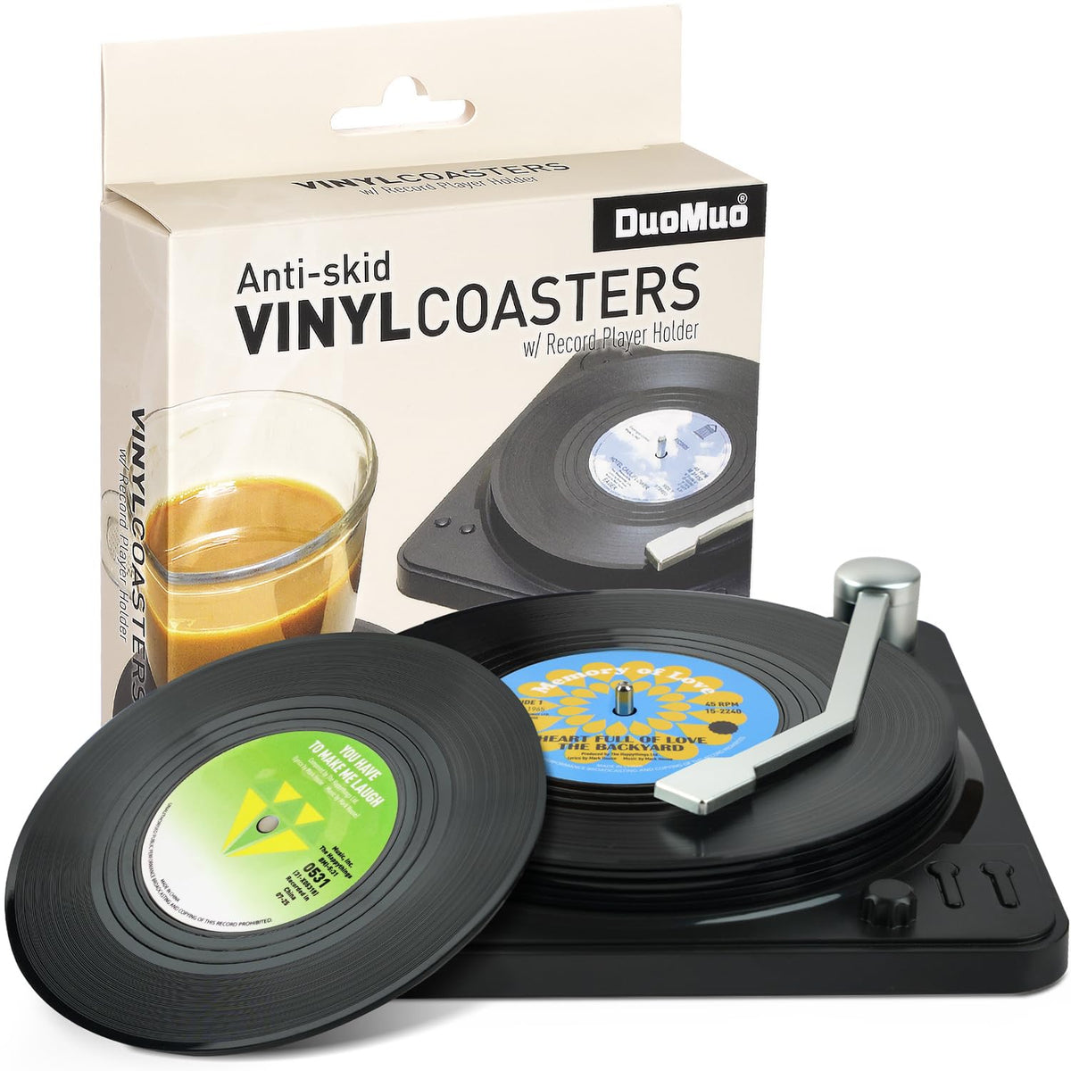 DuoMuo posavasos vinilo retro con porta-tocadiscos, ideal para reuniones.