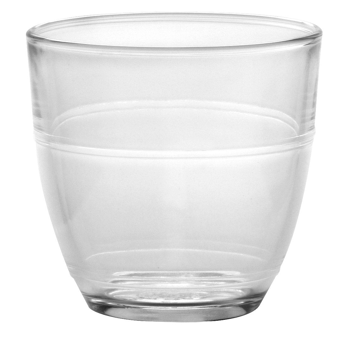 Vaso Duralex con borde pulido, aspecto limpio en la mesa.