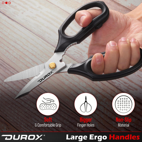 Tijeras DuroX cortando cartón y plástico para envíos y proyectos.