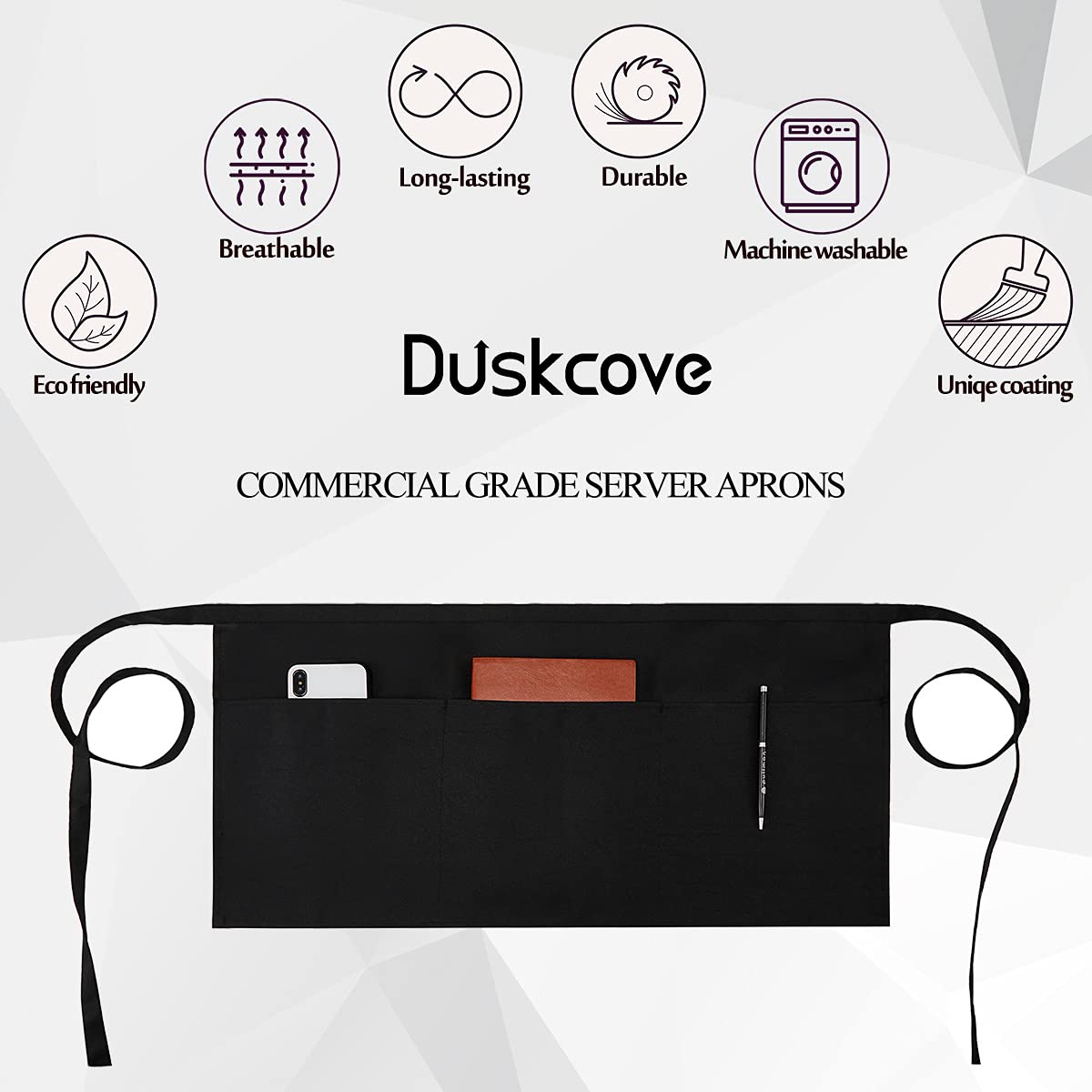 Delantal DUSKCOVE resistente al agua para camareros, ideal para turnos largos.