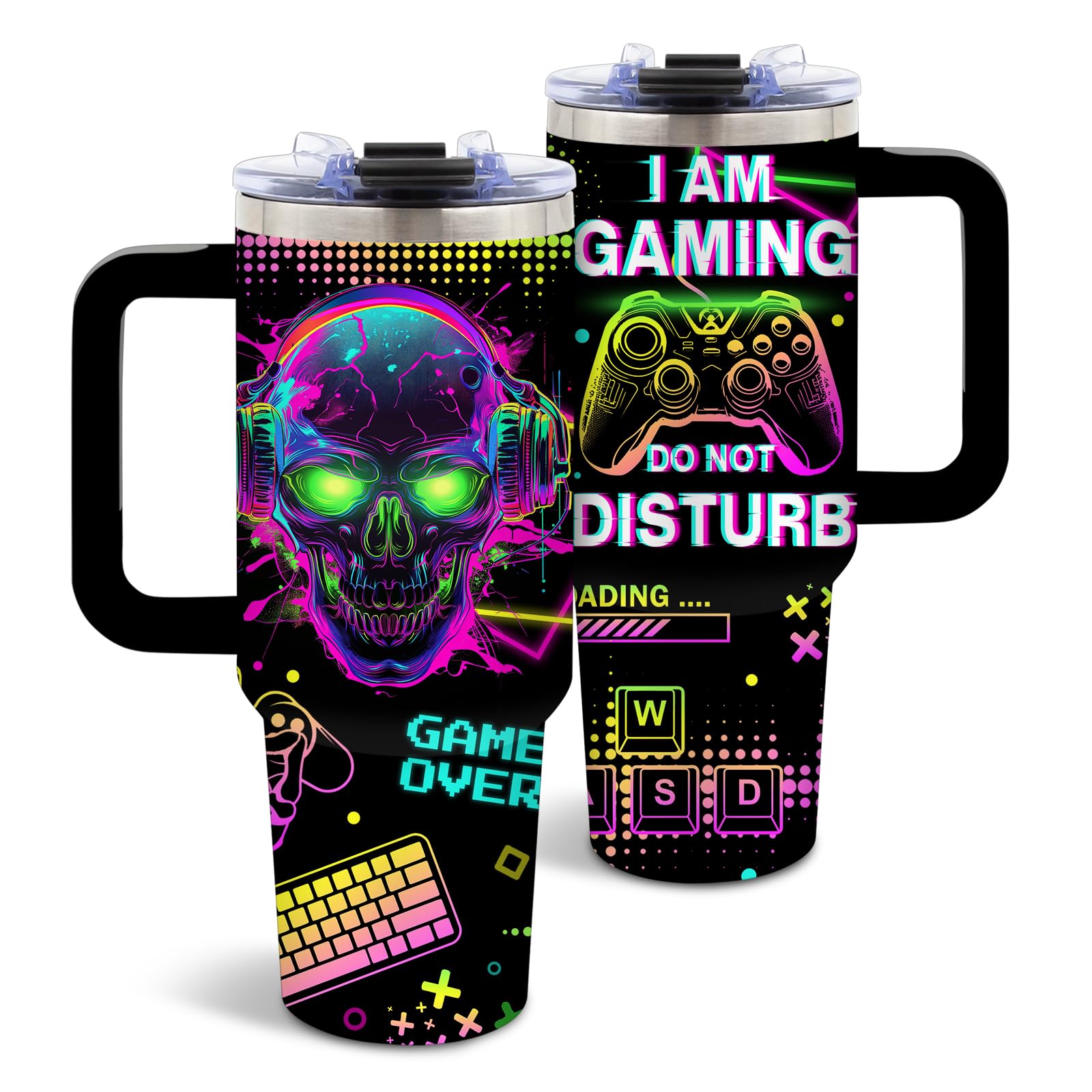 DUUV Taza 40 onzas gamer, diseño neon con calaveras y controles.