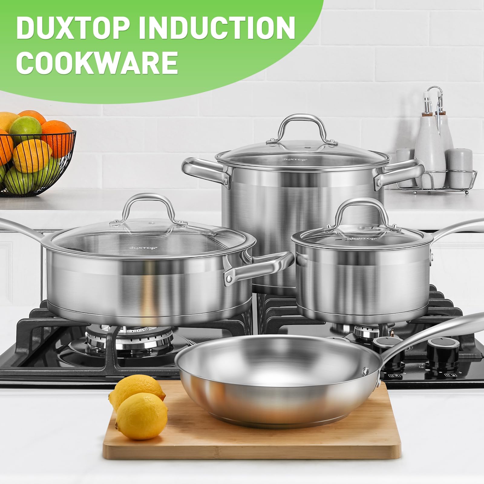 Conjunto Duxtop apto para horno y lavavajillas, limpieza sencilla.
