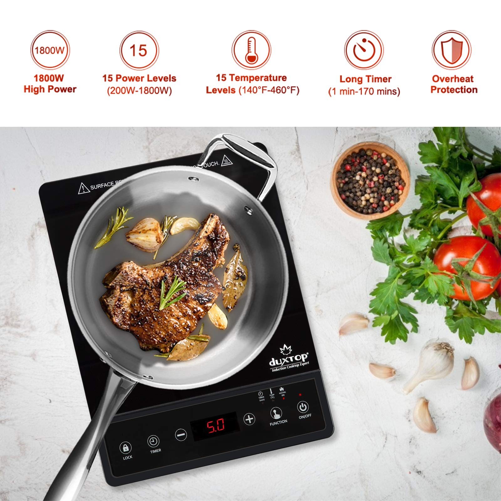 Duxtop panel táctil, control preciso para cocinar.