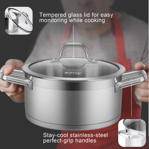 Tapa de cristal con asa de Duxtop facilita vigilar la cocción y conservar humedad.