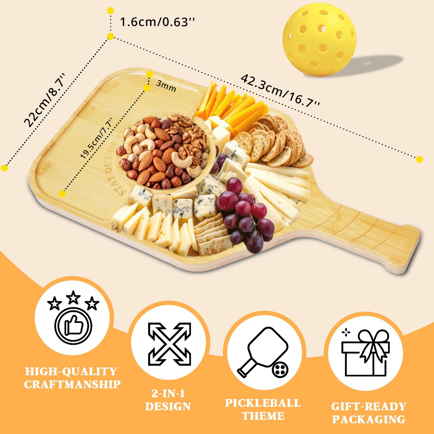 DWATAN tabla charcutería pickleball superficie de bambú natural para alimentos.