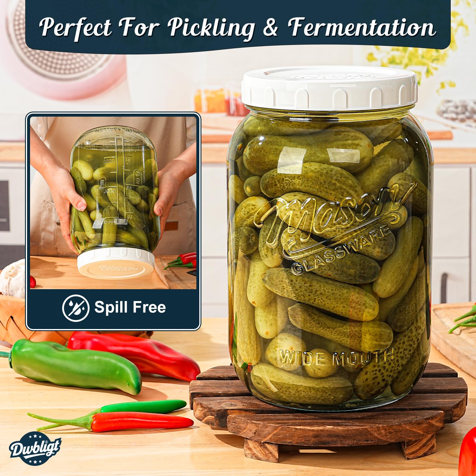 Dwbligt contenedor para líquidos y alimentos húmedos, ideal para conservas caseras.
