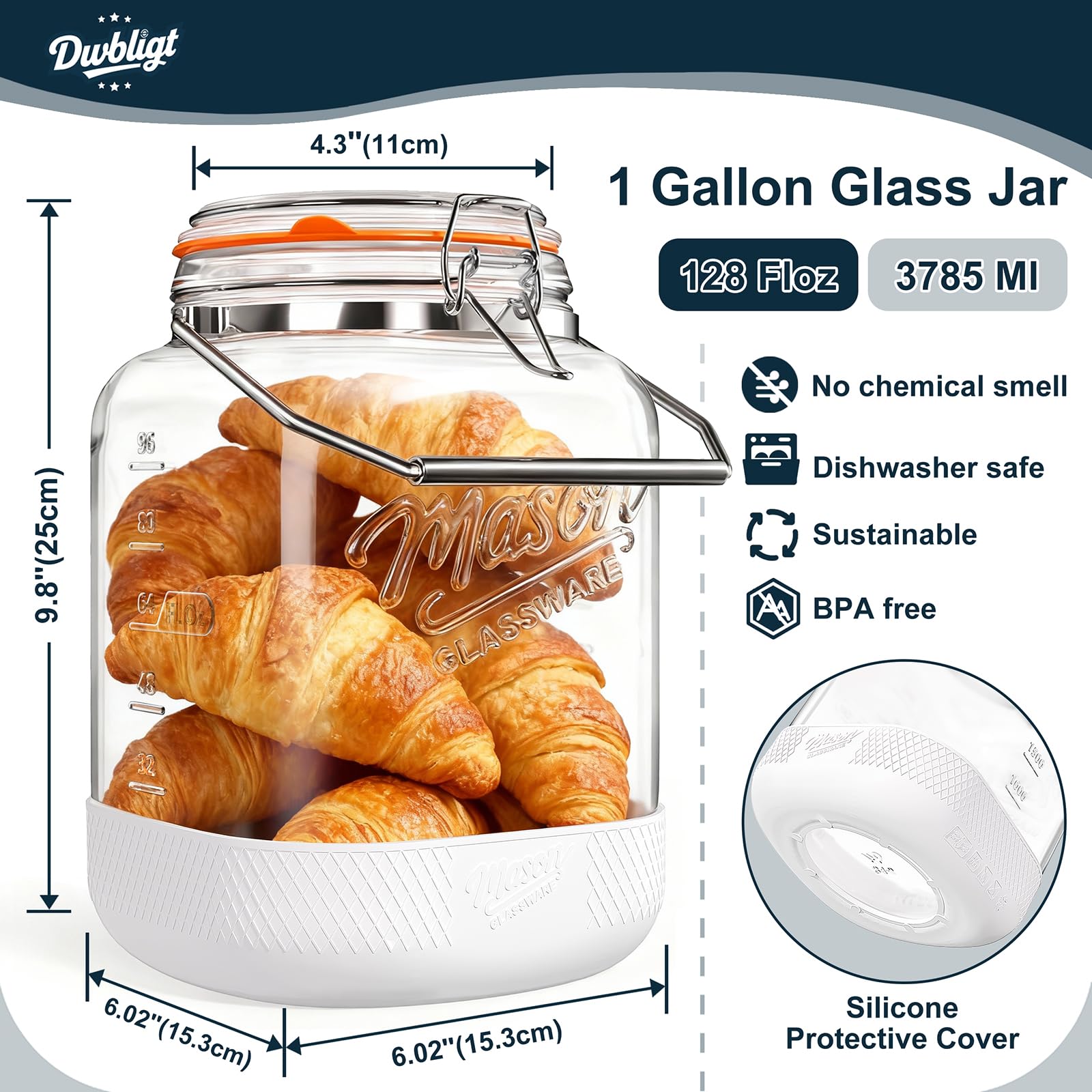 Dwbligt jarra vidrio con asa inoxidable para transporte cómodo en la cocina.
