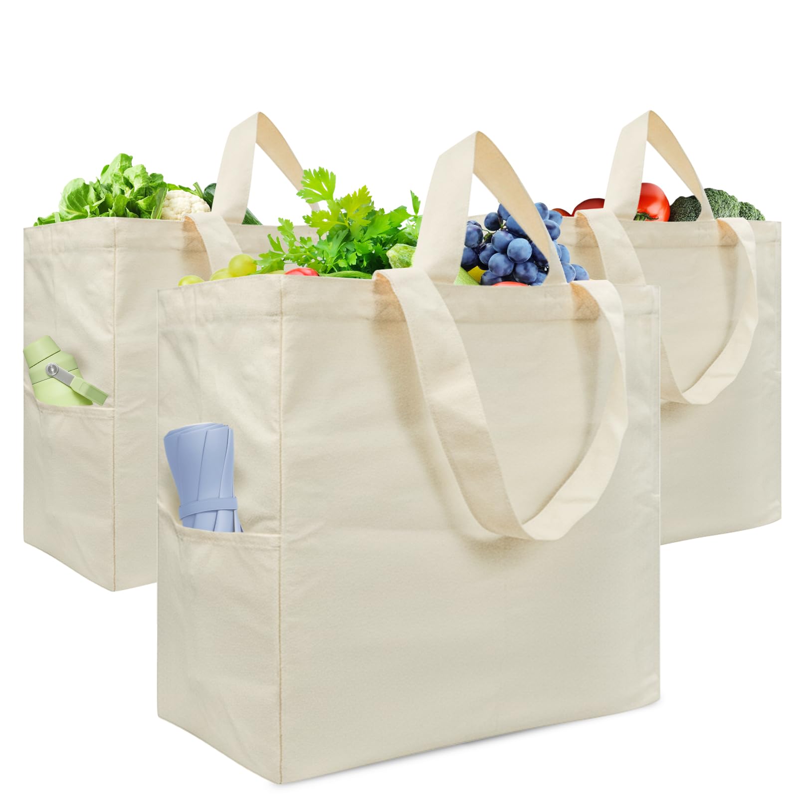 Dwscroad bolsa-tela-grande-3-pack frontal: ideal para compras semanales y organización.