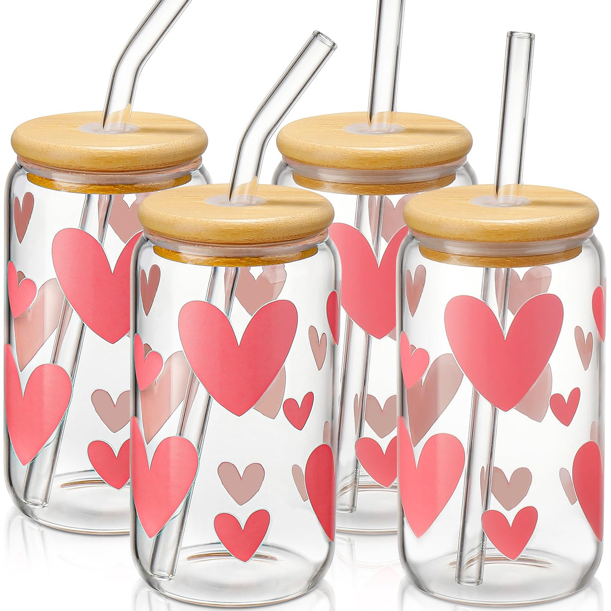 DWTS DANWEITESI copas de cristal con tapas y pajillas, diseño corazones rosa, ideal para café helado diario.