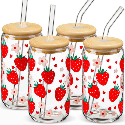 DWTS DANWEITESI vaso de vidrio de 16 onzas con diseño fresa para bebidas refrescantes